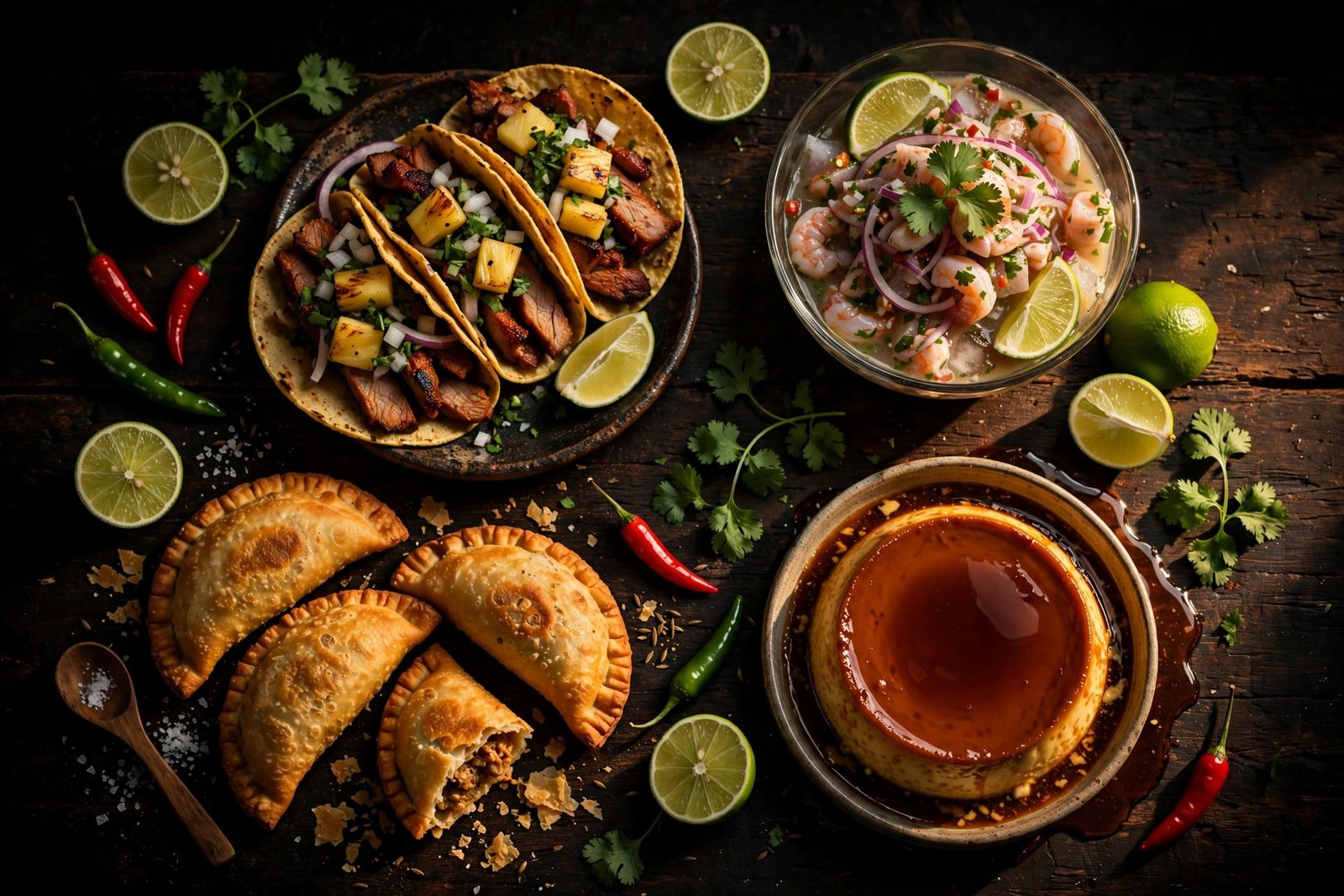 Mesa latina con tacos, ceviche, empanadas y flan